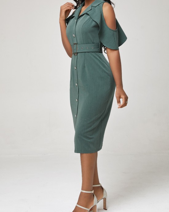 Flounce Cold Shoulder Blackish Green Dress