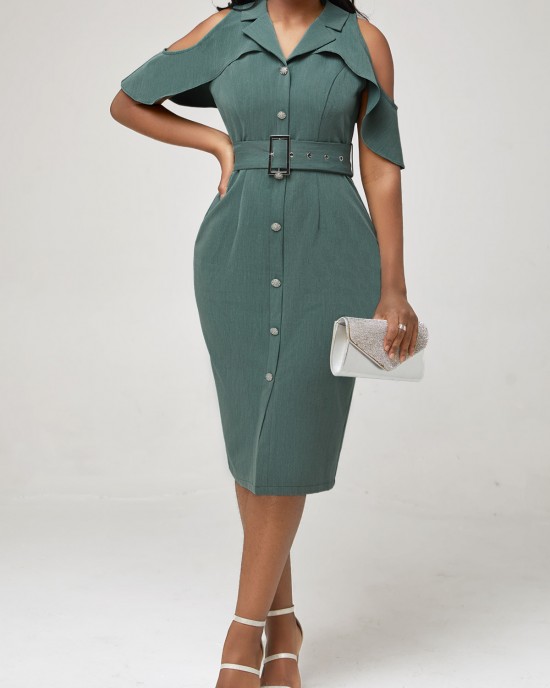 Flounce Cold Shoulder Blackish Green Dress