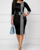 Houndstooth Print Bowknot Bodycon Dress