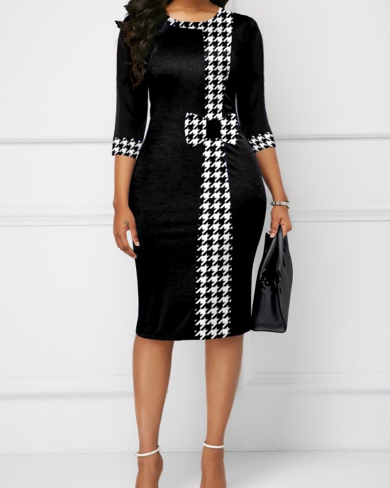 Houndstooth Print Bowknot Bodycon Dress