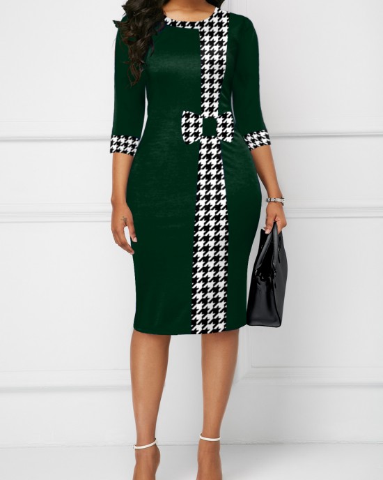 Houndstooth Print Bowknot Bodycon Dress