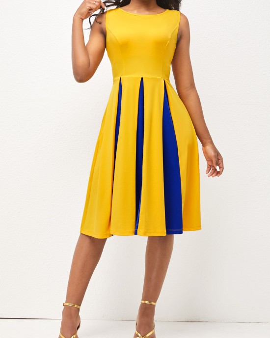 Round Neck Sleeveless Yellow Contrast Dress