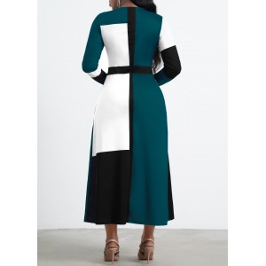 Green Contrast Long Sleeve Round Neck Dress