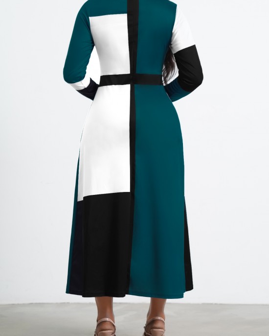 Green Contrast Long Sleeve Round Neck Dress