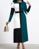 Green Contrast Long Sleeve Round Neck Dress