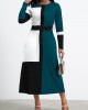 Green Contrast Long Sleeve Round Neck Dress