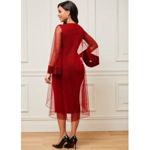 Chiffon Mesh Stitching Wine Red Embellished Neck Dress