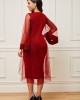 Chiffon Mesh Stitching Wine Red Embellished Neck Dress