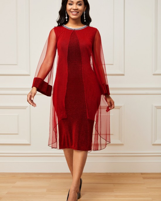 Chiffon Mesh Stitching Wine Red Embellished Neck Dress