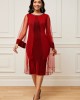 Chiffon Mesh Stitching Wine Red Embellished Neck Dress