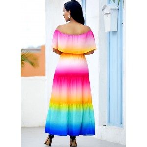 Ruffle Overlay Rainbow Color Printed Maxi Dress