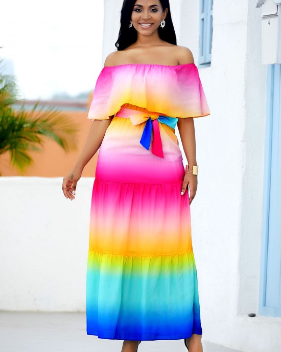 Ruffle Overlay Rainbow Color Printed Maxi Dress