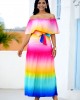 Ruffle Overlay Rainbow Color Printed Maxi Dress