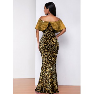 Hot Stamping Golden Off Shoulder Maxi Dress