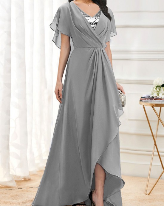 Grey Sequin X Shape V Neck Maxi Dress