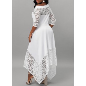 White Lace Stitching Asymmetric Hem Dress