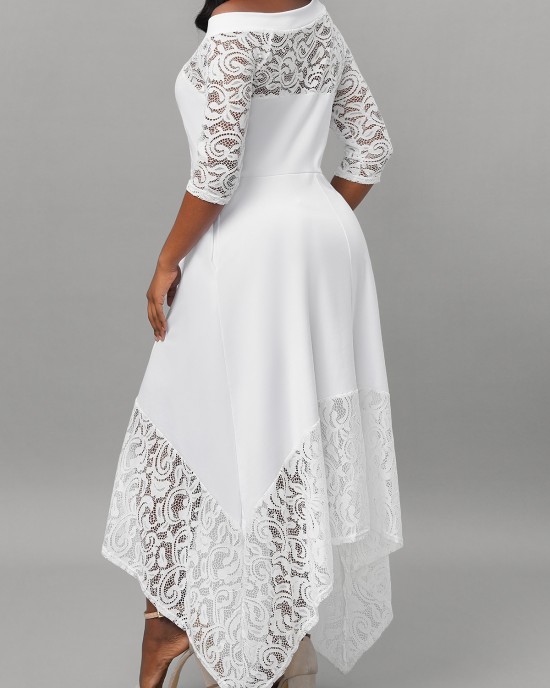 White Lace Stitching Asymmetric Hem Dress