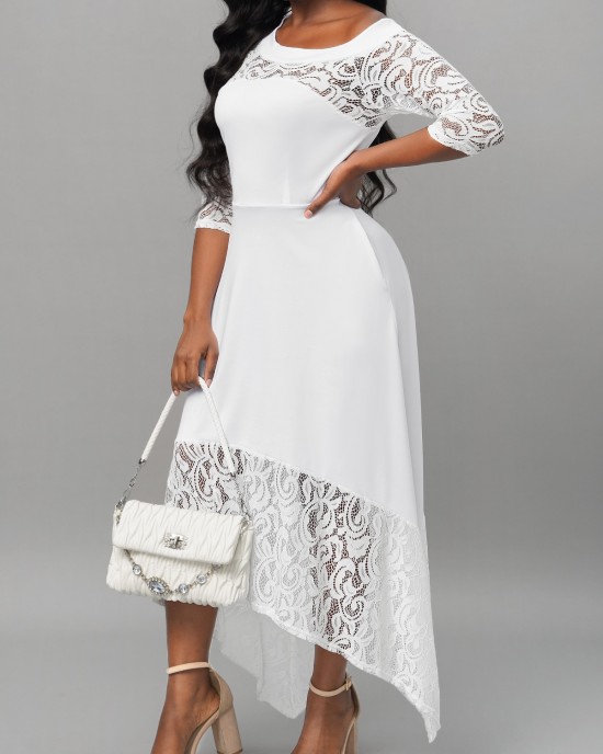 White Lace Stitching Asymmetric Hem Dress