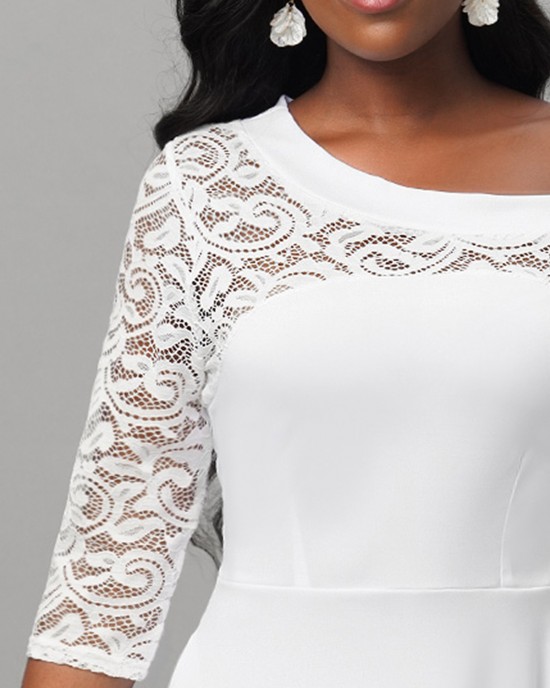 White Lace Stitching Asymmetric Hem Dress