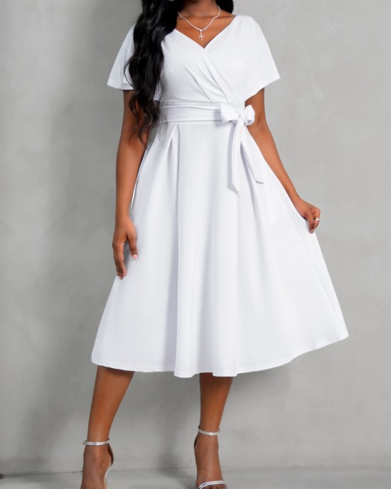 Short Sleeve V Neck Belted Dress