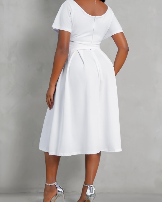 Short Sleeve V Neck Belted Dress