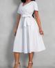 Short Sleeve V Neck Belted Dress