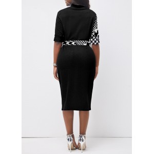 Houndstooth Print Button Belted Black Bodycon Dress