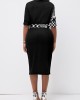 Houndstooth Print Button Belted Black Bodycon Dress