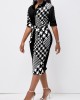 Houndstooth Print Button Belted Black Bodycon Dress