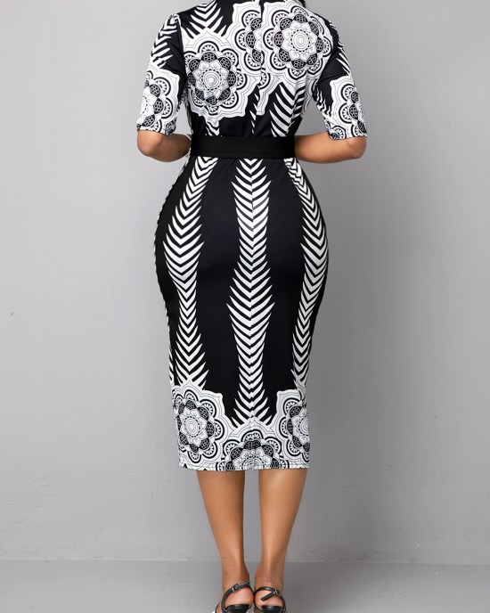 Half Sleeve Belted Tribal Print Dress