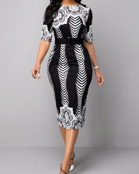 Half Sleeve Belted Tribal Print Dress