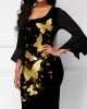 Butterfly Print Hanky Sleeve Square Collar Dress