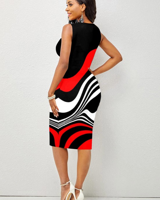 Split Neck Sleeveless Black Printed Dress