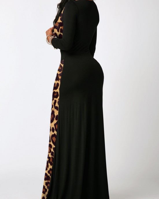 Contrast 3/4 Sleeve Leopard Maxi Dress