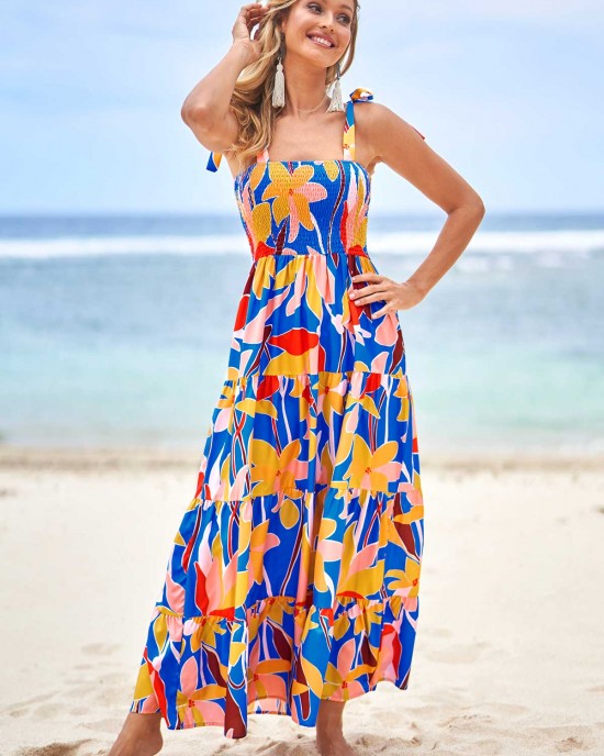 Floral Print Multi Color Tie Shoulder Dress