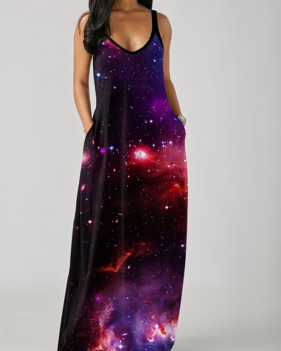 Starry Night Print Side Pocket Maxi Dress