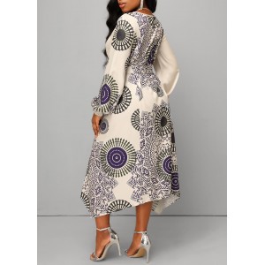 Tribal Print Handkerchief Hem Belted Beige Dress