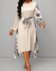 Tribal Print Handkerchief Hem Belted Beige Dress