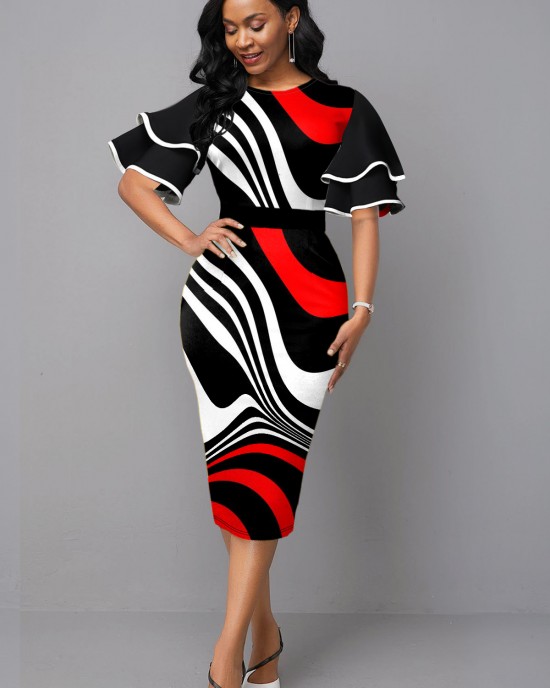 Round Neck Flare Sleeve Color Block Dress