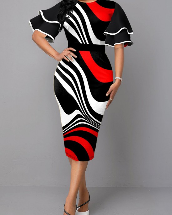 Round Neck Flare Sleeve Color Block Dress