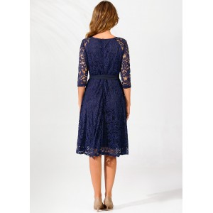 Navy Blue Belted Lace 3/4 Sleeve Dress