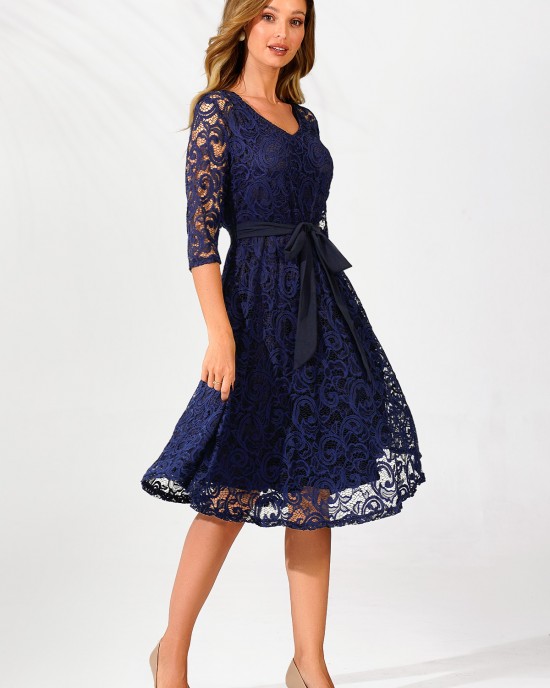 Navy Blue Belted Lace 3/4 Sleeve Dress