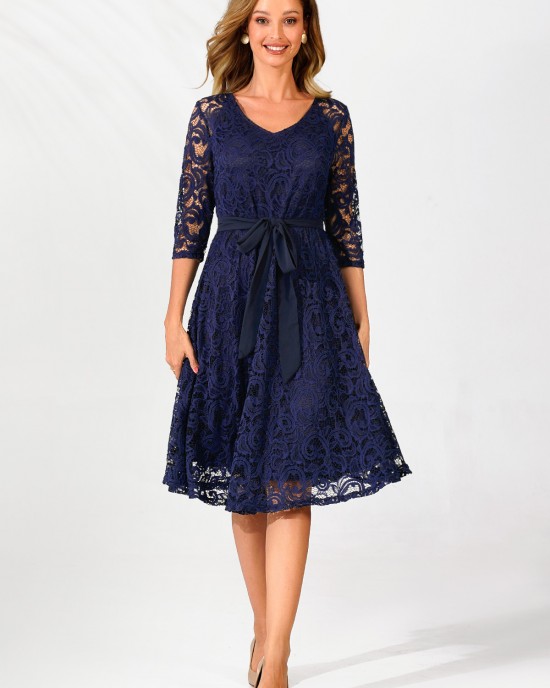 Navy Blue Belted Lace 3/4 Sleeve Dress