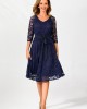 Navy Blue Belted Lace 3/4 Sleeve Dress