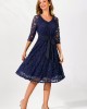 Navy Blue Belted Lace 3/4 Sleeve Dress