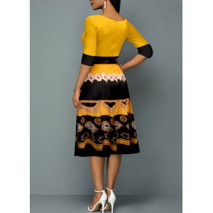 Tribal Print Yellow 3/4 Sleeve Round Neck Dress