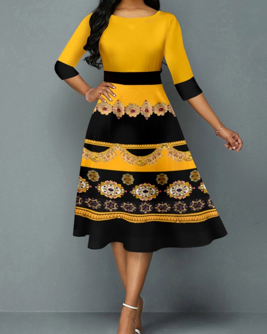 Tribal Print Yellow 3/4 Sleeve Round Neck Dress