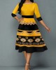 Tribal Print Yellow 3/4 Sleeve Round Neck Dress