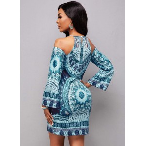 Long Sleeve Bib Neck Tribal Print Bodycon Dress