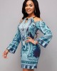 Long Sleeve Bib Neck Tribal Print Bodycon Dress